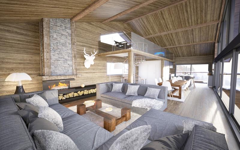 Deux chalets contemporains en haute montagne de luxe - salon